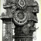 Monochrome image of intricate gear structure in industrial style