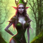 Ethereal female creature with elfin ears in green and gold dress in magical forest.