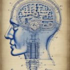 Vintage-style illustration: Steampunk head and brain schematic