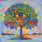 Tree with Face Branches and Central Eye in Surreal Sky