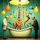 Surreal scene: two men, bathtub, giraffe, goldfish, light bulbs on teal