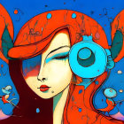 Stylized female figure with red hair and blue fish on blue background