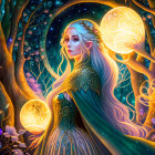 Ethereal woman in blue cloak in enchanted forest with mystical creatures and glowing lantern