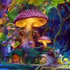 Vibrant fantasy mushroom house artwork under twilight sky