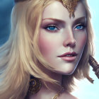 Digital portrait of woman with blue eyes, blonde hair, golden crown