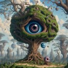 Surreal tree with large eye surrounded by smaller eyes and snails in fantastical forest