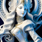 Detailed digital artwork: Female figure in ornate white and gold attire.