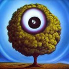 Surreal artwork: Tree with large eye canopy in desolate landscape