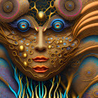 Colorful digital artwork: Face with multiple eyes and intricate patterns