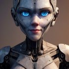 Photorealistic female android with intricate mechanical details and blue eyes