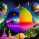 Colorful surreal landscape with floating orbs and fantastical scenes