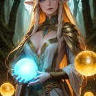 Silver-haired elf woman in golden armor with glowing orb in mystical forest