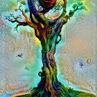 Surreal artwork: Tree with eye trunk, swirling patterns, orbs, whimsical foliage