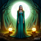 Ethereal woman in green gown with crown in mystical forest at night