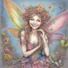 Colorful Smiling Fairy with Floral Crown and Ornate Wings