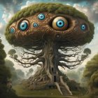 Fantastical tree with eye-shaped canopy and whimsical elements in lush greenery