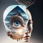 Person with cracked head revealing eye and landscape: Surreal artwork blending human and fantasy elements