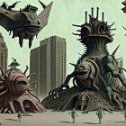 Dystopian scene with giant monster statues, flying ships, and chaotic ruins