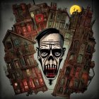 Surreal Artwork: Monstrous Face, Twisted Buildings, Yellow Moon