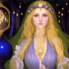 Blonde elfin woman with mystical pendant in enchanted forest