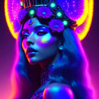 Colorful digital artwork of woman with blue skin and neon-lit headdress on cosmic purple backdrop