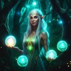 Ethereal woman with glowing orbs in luminescent forest