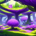 Alien forest with towering purple-capped mushrooms under violet light