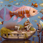 Surreal image: oversized fish floating above man fishing from whimsical ship