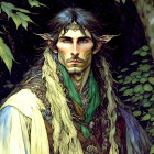 Male elf illustration in jeweled headpiece and intricate clothing in lush forest.