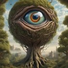 Fantasy trees with ornate eyes under clear sky