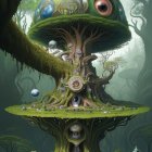 Fantastical treehouse with giant eye, orbs, circular windows in moonlit forest