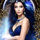 Fantasy portrait of woman with blue hair and eyes in starry dress against cosmic backdrop