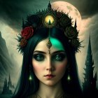 Mystical Woman with Floral Crown and Enchanted Castle