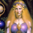 Mystical artwork of fair-haired woman with floral crown and glowing orbs in enchanted forest