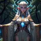 Ethereal elf in mystical forest with luminous orbs and elegant horns