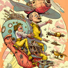 Detailed Steampunk Airship Illustration with Vibrant Characters