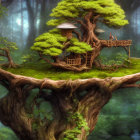 Treehouse on floating island in misty forest with waterfall