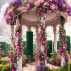 Garden gazebo with pink roses and purple blooms under soft light