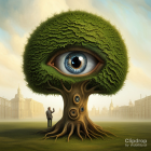 Surreal tree with large eye in trunk and smaller eyes in foliage