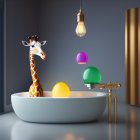 Person holding cane with floating orbs & giraffe in bathtub under lightbulb