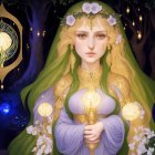 Blond woman with flower crown holding glowing orb in mystical forest