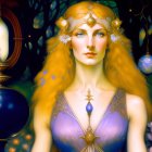 Golden-haired fantasy figure in violet attire among mystical forest with orbs and lanterns