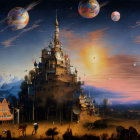 Fantastical landscape with central castle under night sky