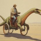 Adventure Attire Person Riding Stylized Dinosaur in Desert Landscape