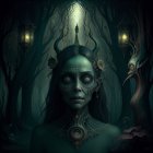 Mystical woman adorned with elaborate jewelry in a dark forest with glowing lanterns