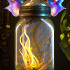 Fantasy-themed image: Glowing tree designs in glass jar with butterfly wings.