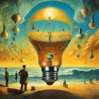 Surreal landscape with figures and electric bulb-shaped structure