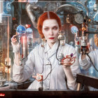 Steampunk laboratory scene with two women and mechanical devices