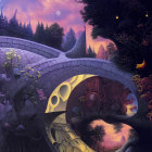 Fantastical landscape with winding paths, twilight sky, glowing lanterns, whimsical houses, and