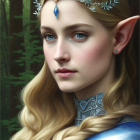 Fantasy portrait: Elf woman with silver headpiece, pointed ears, platinum hair, blue eyes.